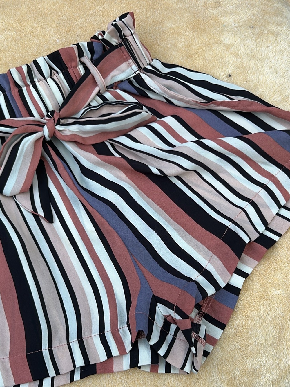 iris Striped Paperbag Tie-Waist Bermuda Shorts in Dusty Rose, Navy & Cream